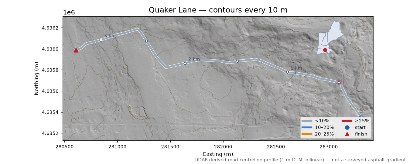 Quaker Lane LiDAR hillshade map with contours