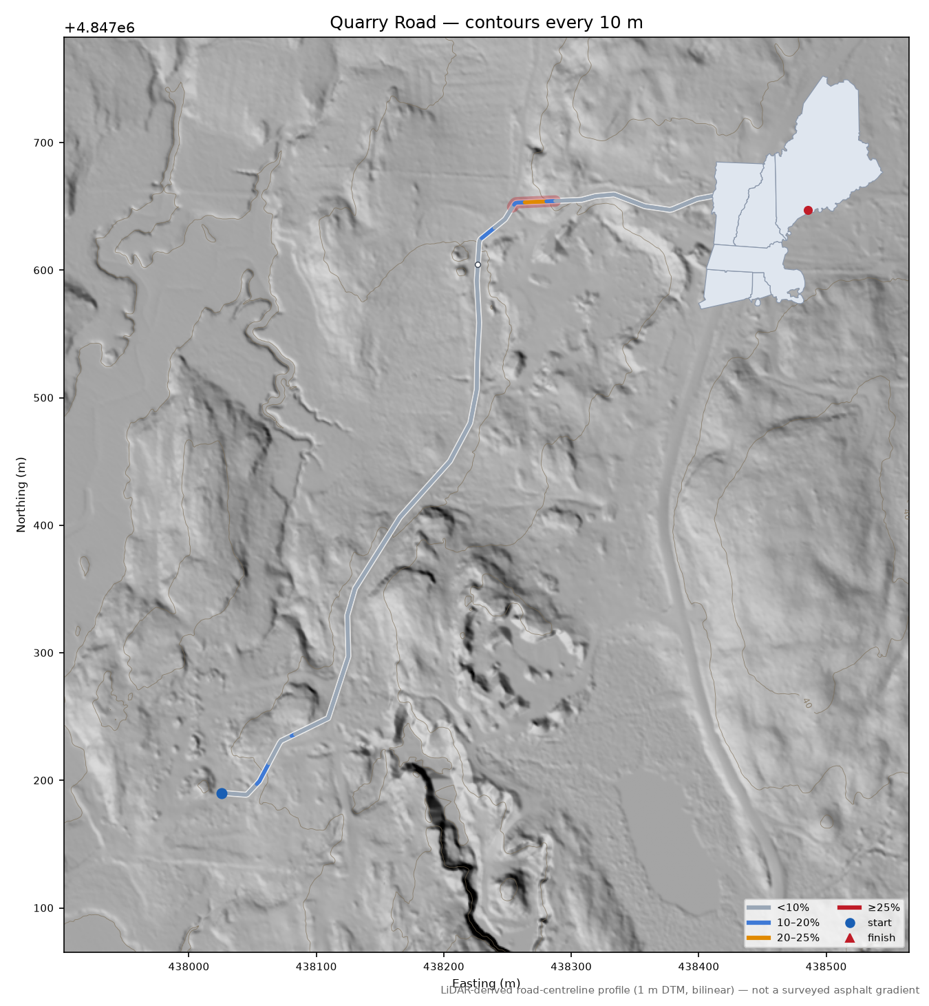 Quarry Road LiDAR hillshade map with contours