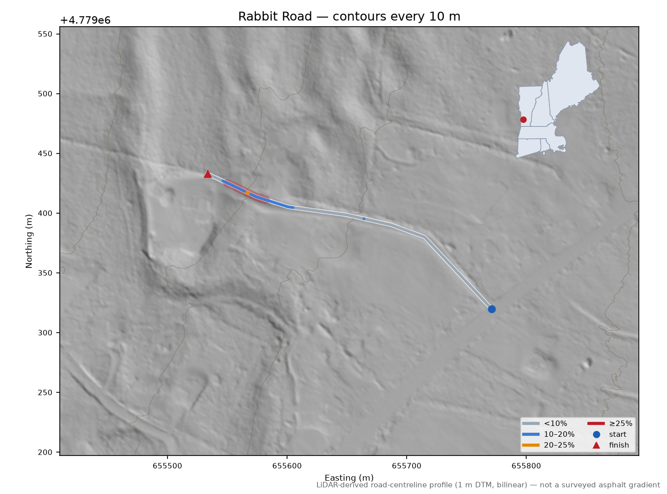 Rabbit Road LiDAR hillshade map with contours