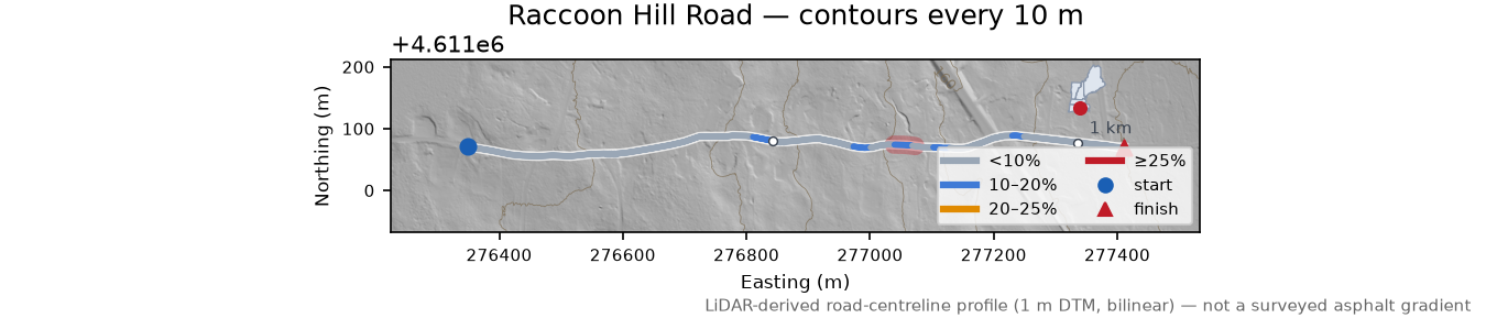 Raccoon Hill Road LiDAR hillshade map with contours