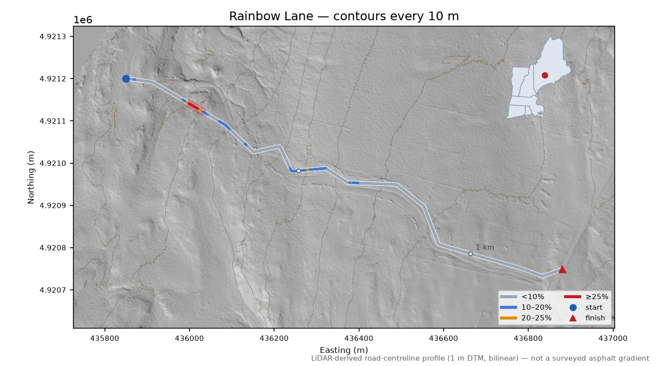 Rainbow Lane LiDAR hillshade map with contours