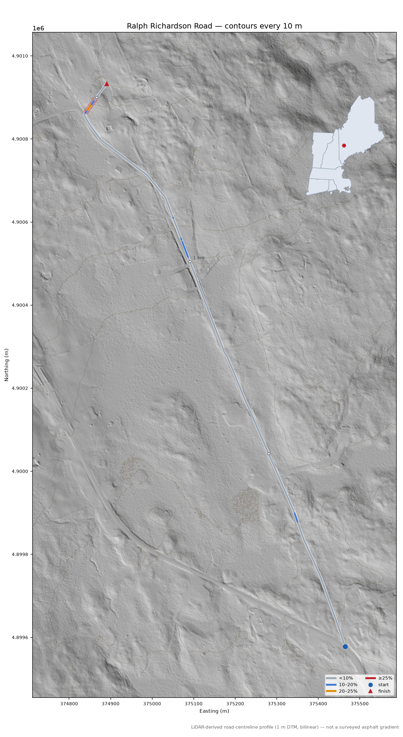 Ralph Richardson Road LiDAR hillshade map with contours