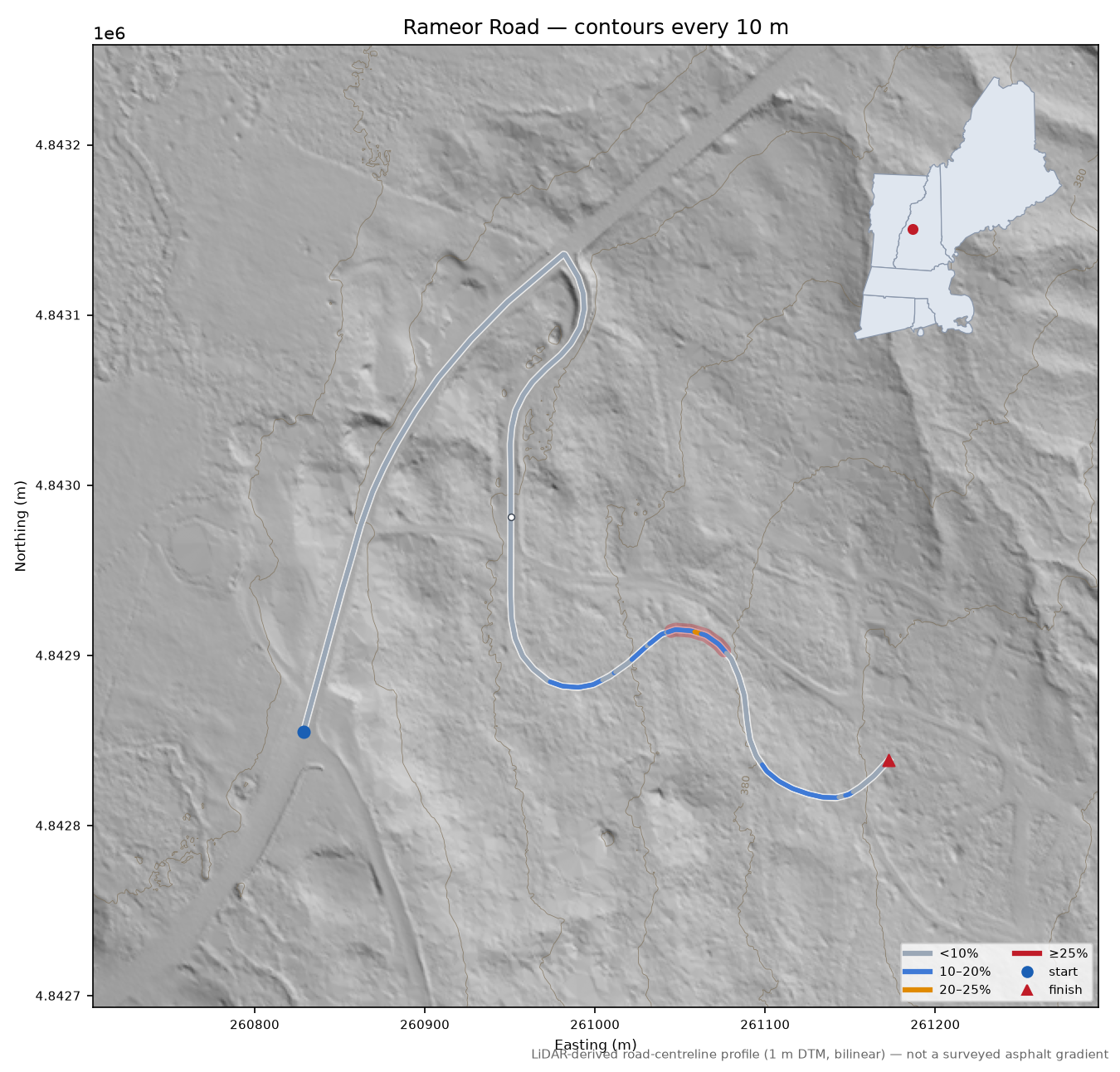 Rameor Road LiDAR hillshade map with contours