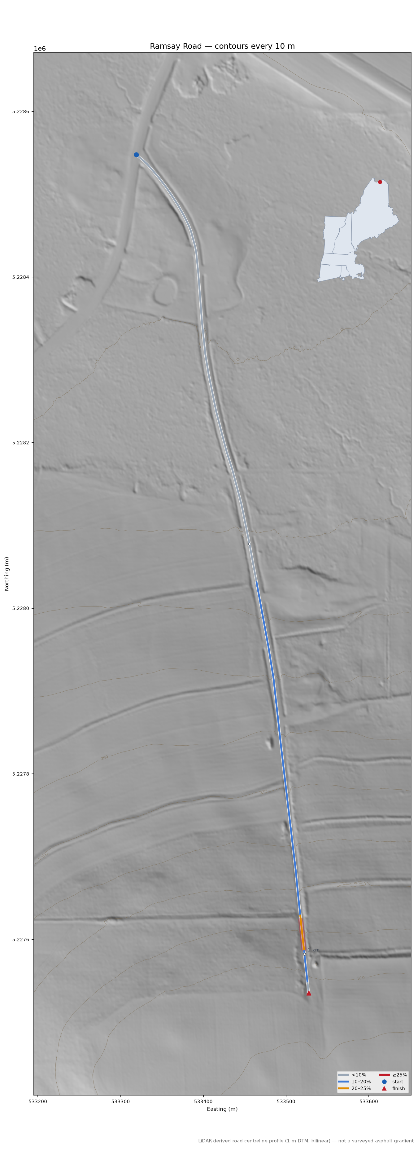 Ramsay Road LiDAR hillshade map with contours