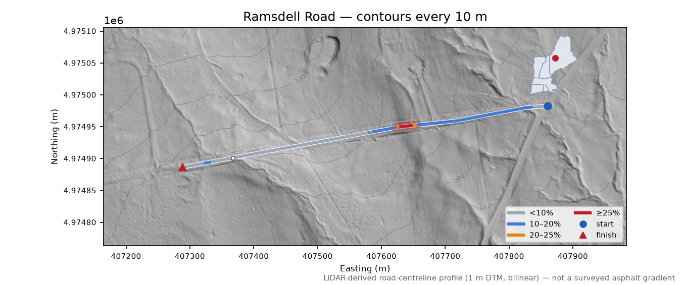 Ramsdell Road LiDAR hillshade map with contours