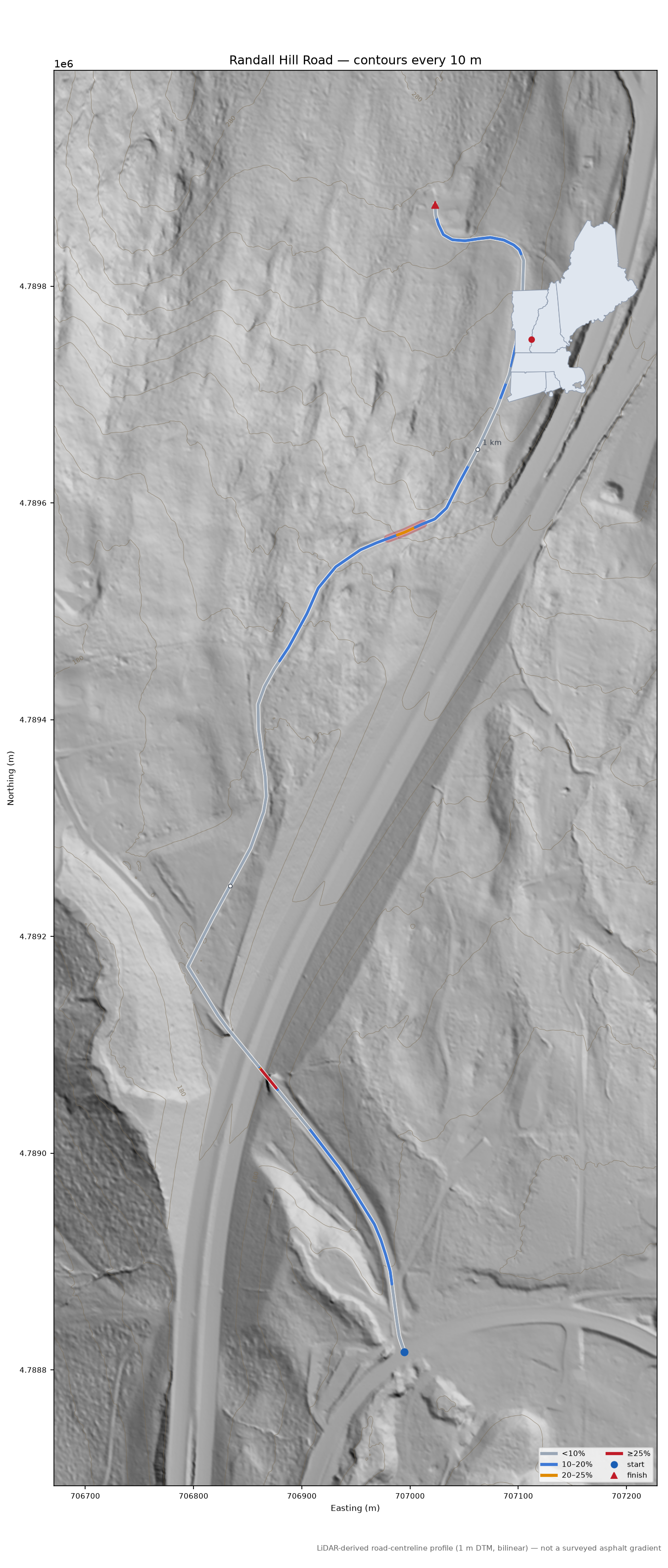 Randall Hill Road LiDAR hillshade map with contours