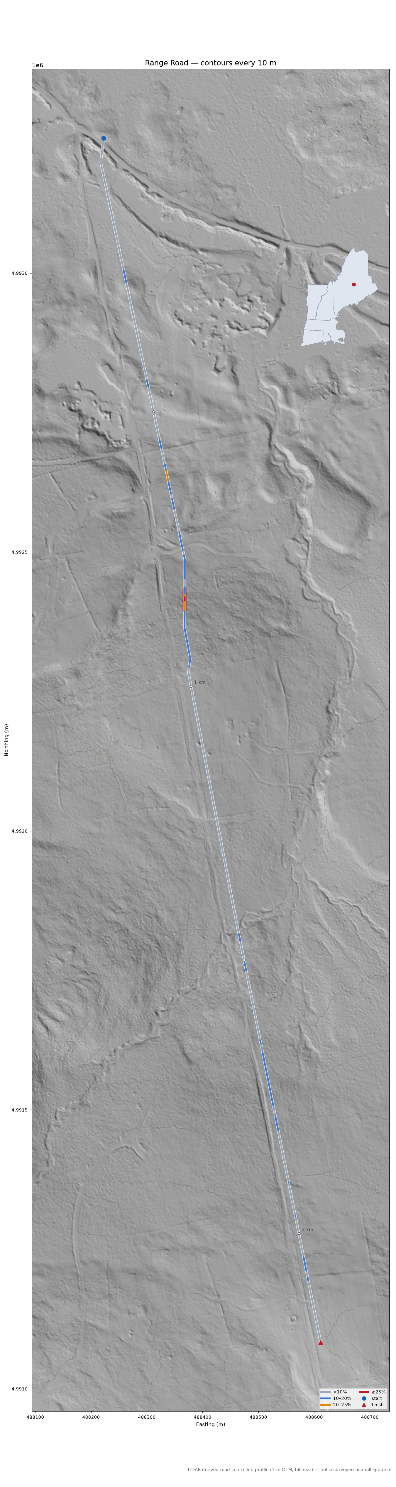 Range Road LiDAR hillshade map with contours