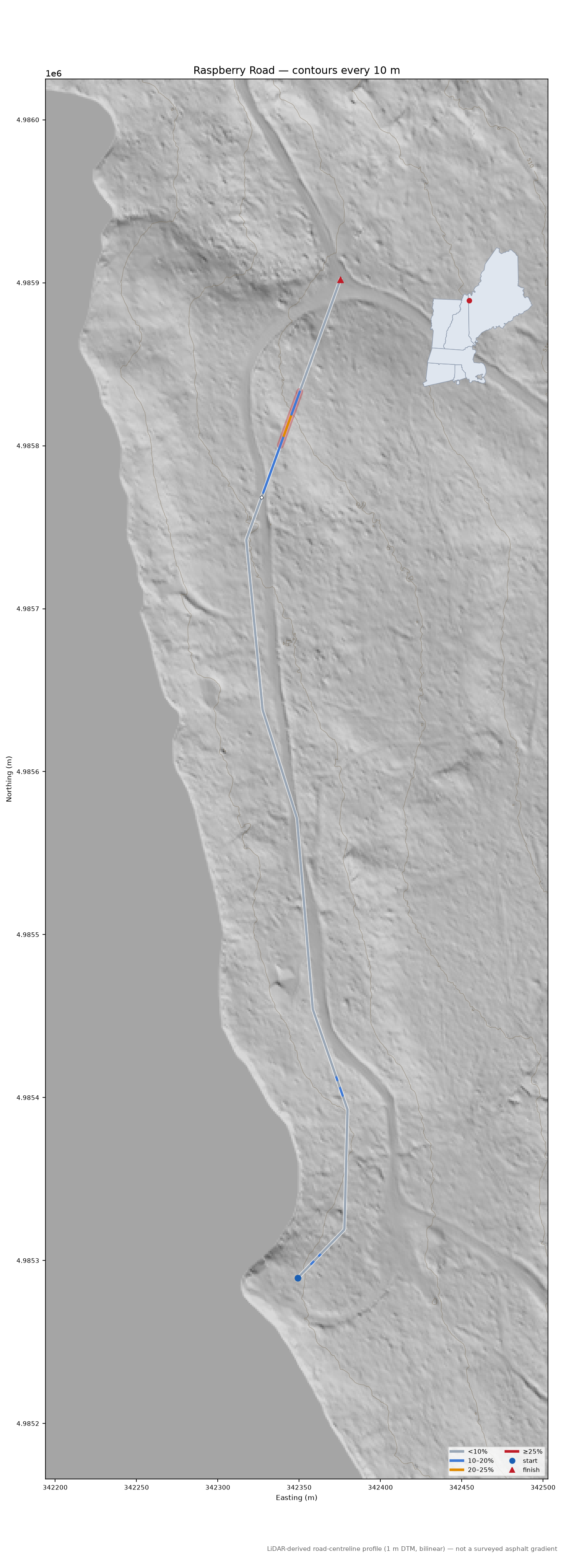 Raspberry Road LiDAR hillshade map with contours