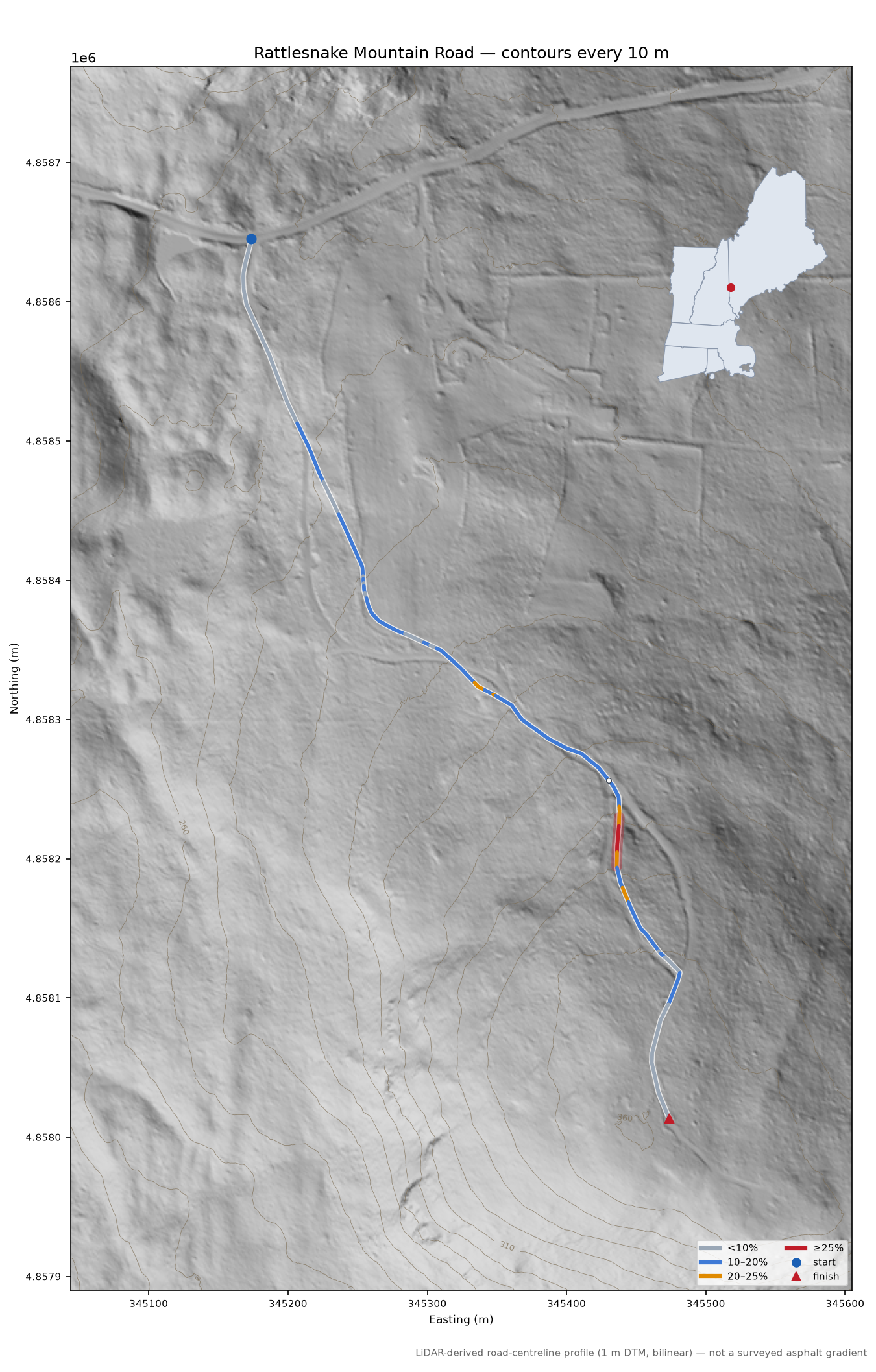 Rattlesnake Mountain Road LiDAR hillshade map with contours