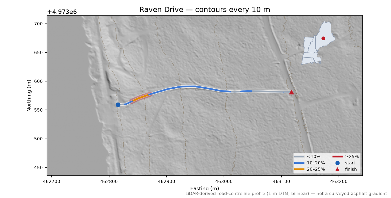 Raven Drive LiDAR hillshade map with contours