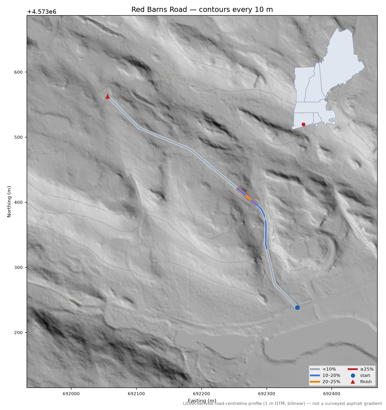 Red Barns Road LiDAR hillshade map with contours