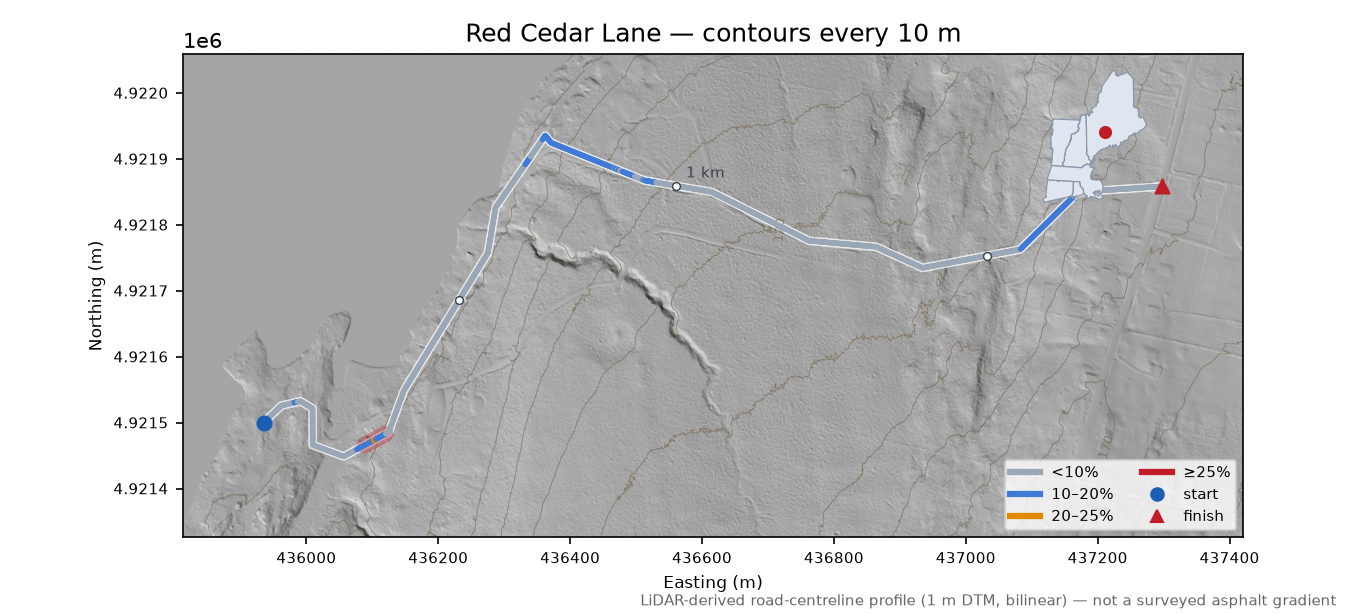Red Cedar Lane LiDAR hillshade map with contours
