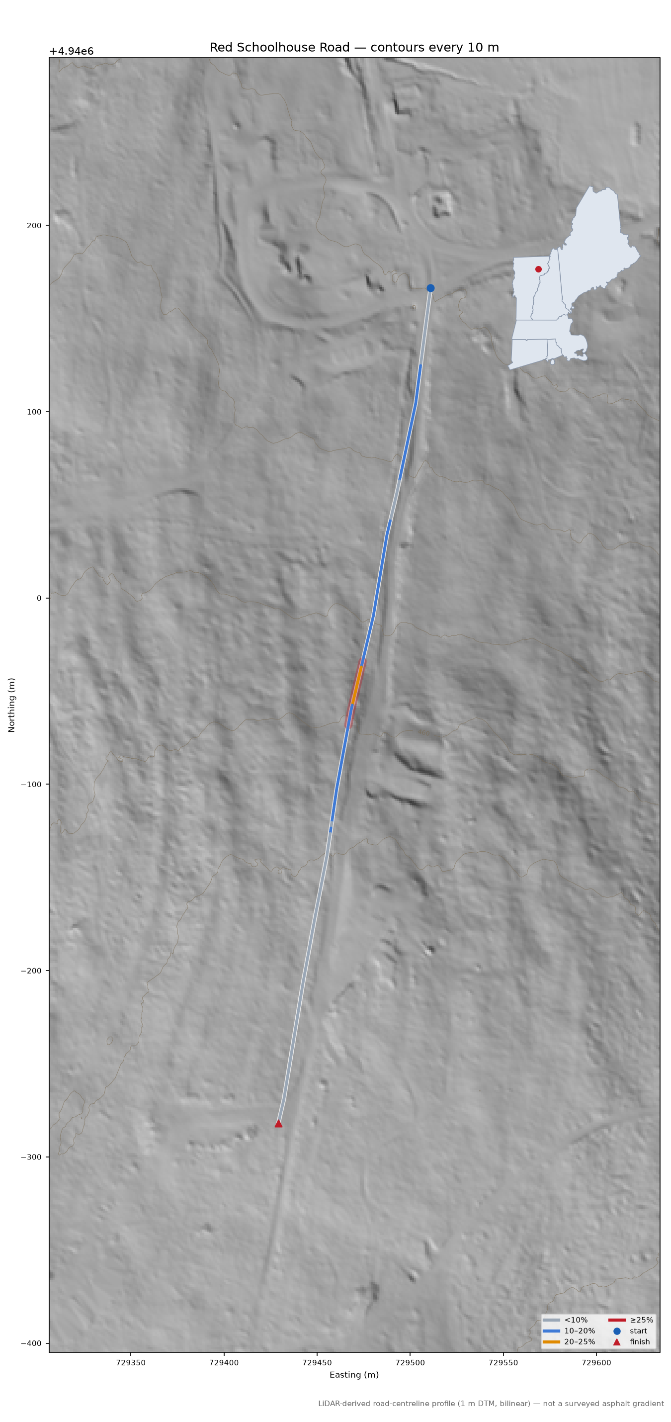 Red Schoolhouse Road LiDAR hillshade map with contours
