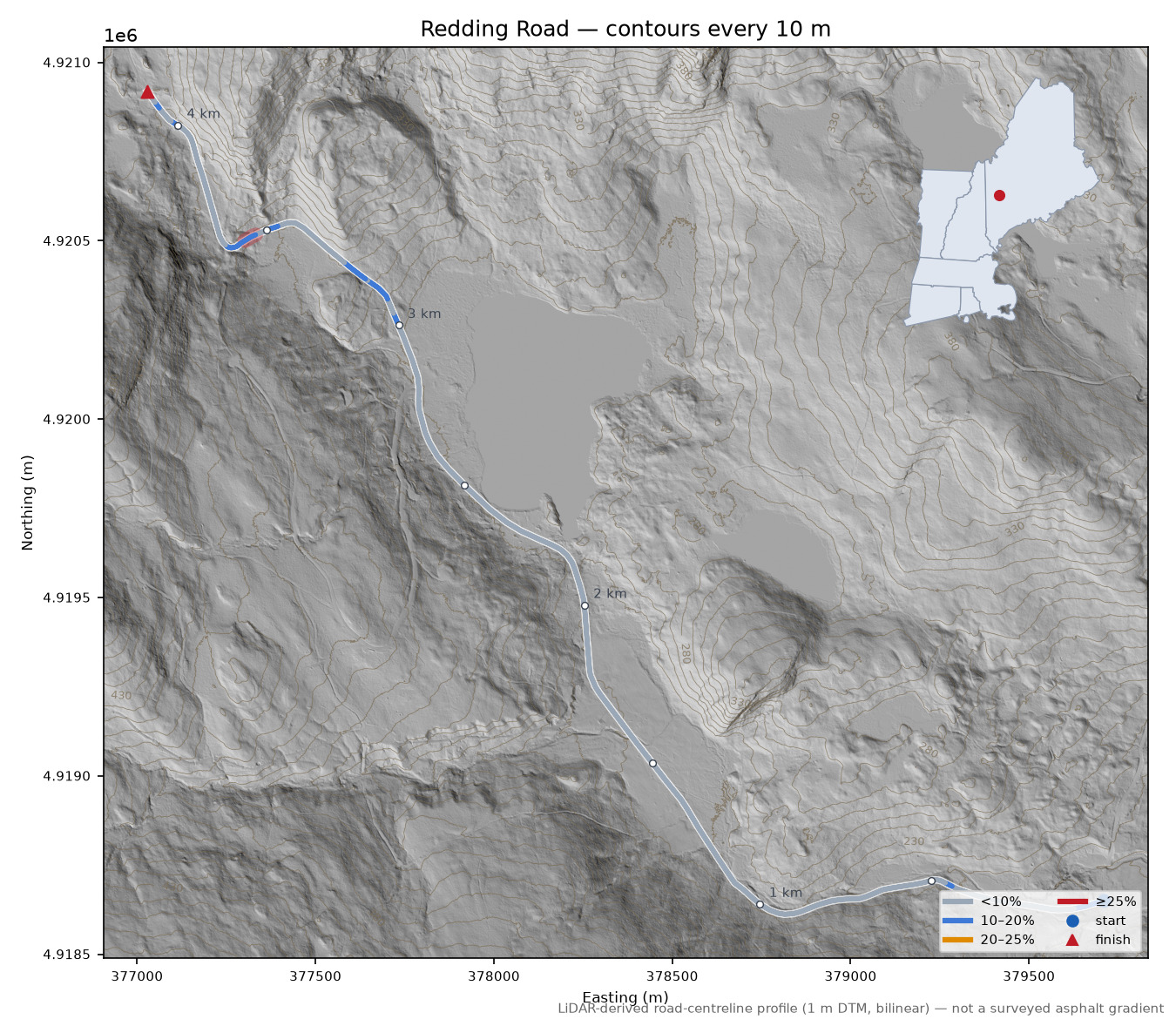 Redding Road LiDAR hillshade map with contours