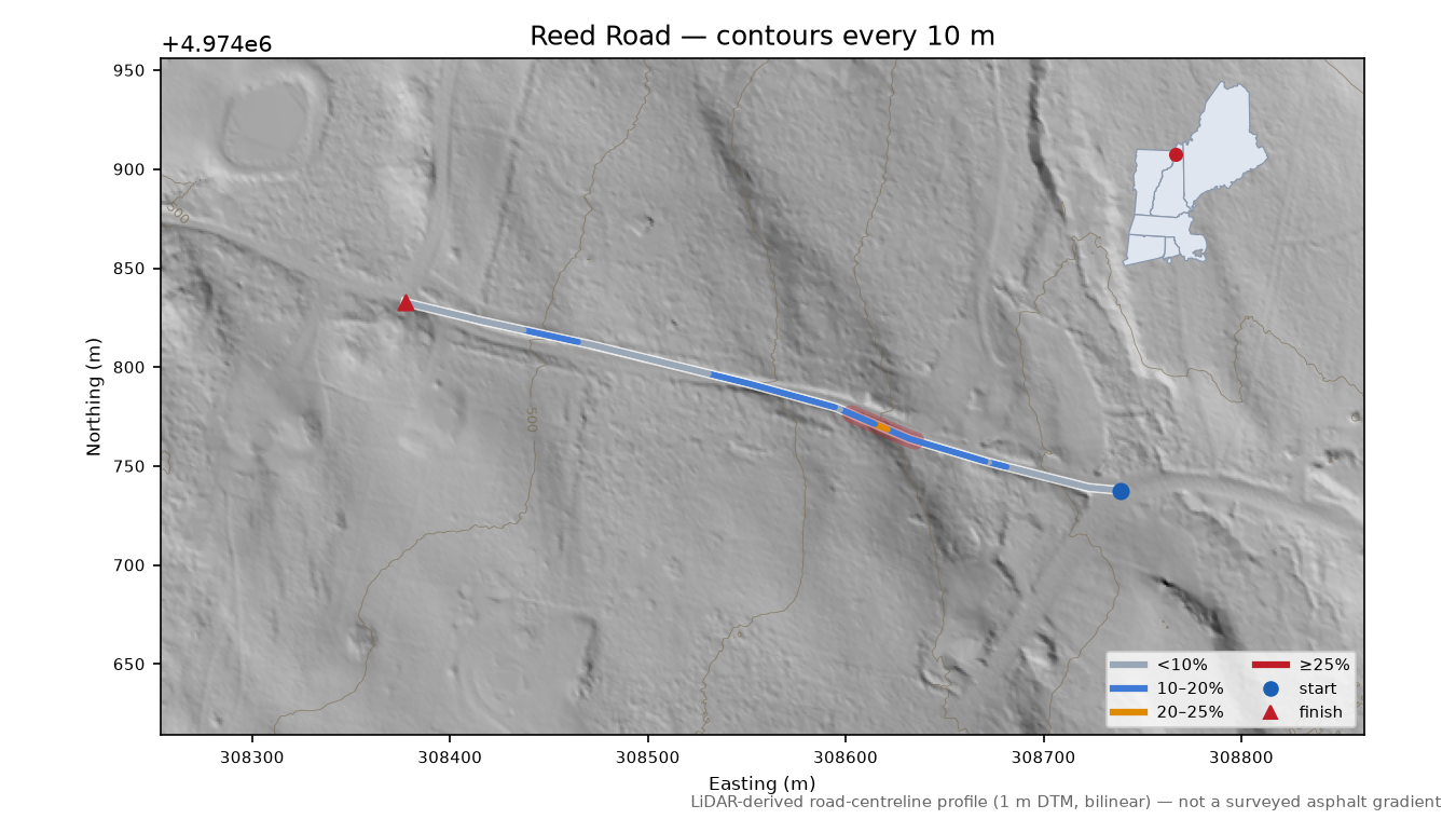 Reed Road LiDAR hillshade map with contours