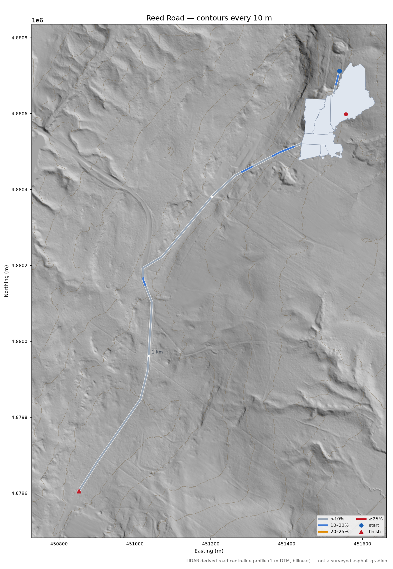 Reed Road LiDAR hillshade map with contours
