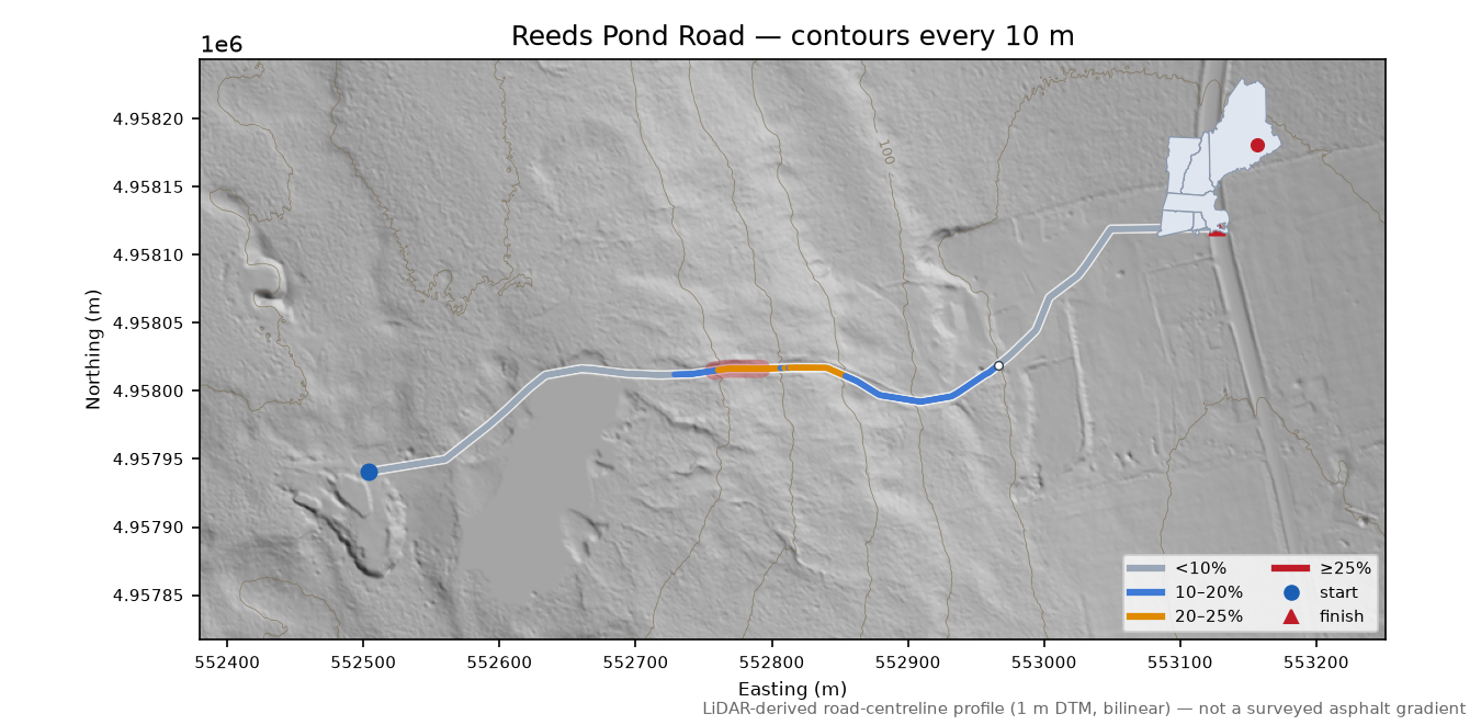 Reeds Pond Road LiDAR hillshade map with contours