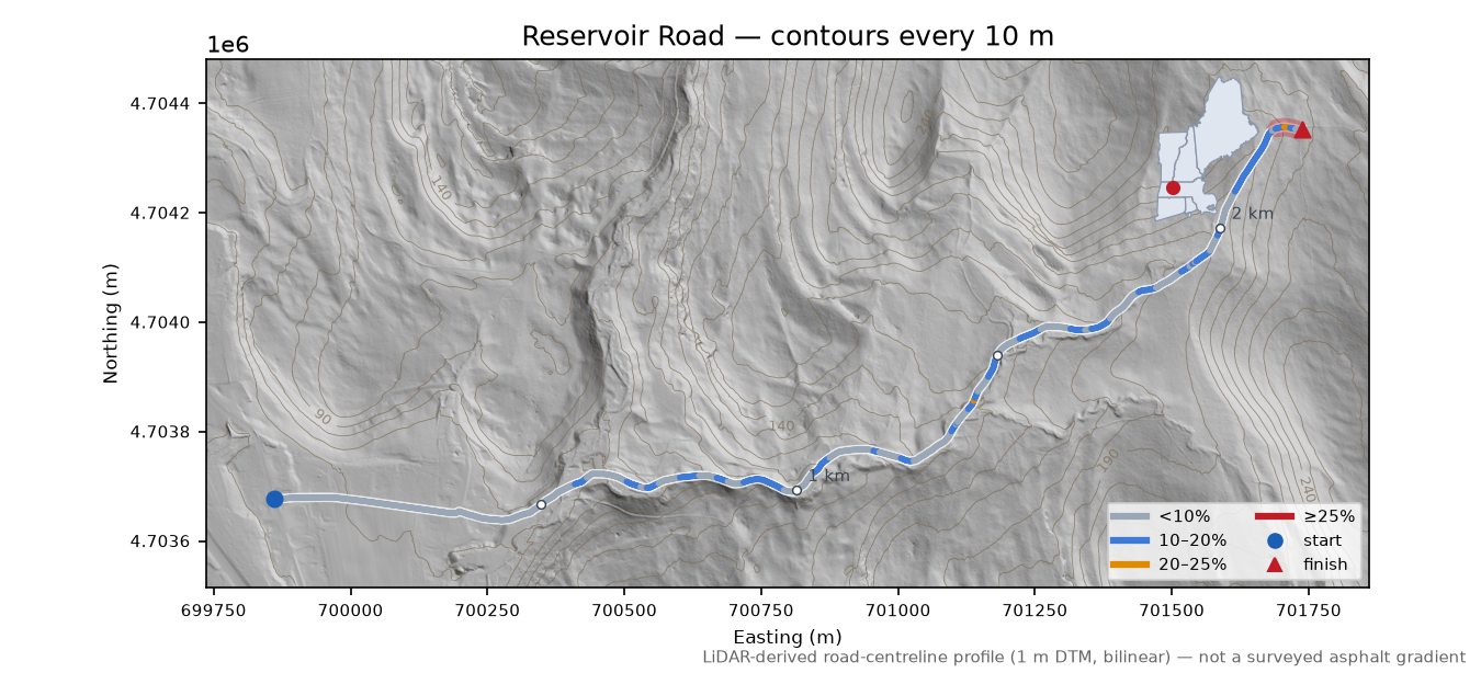 Reservoir Road LiDAR hillshade map with contours