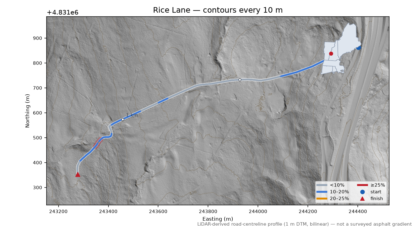 Rice Lane LiDAR hillshade map with contours
