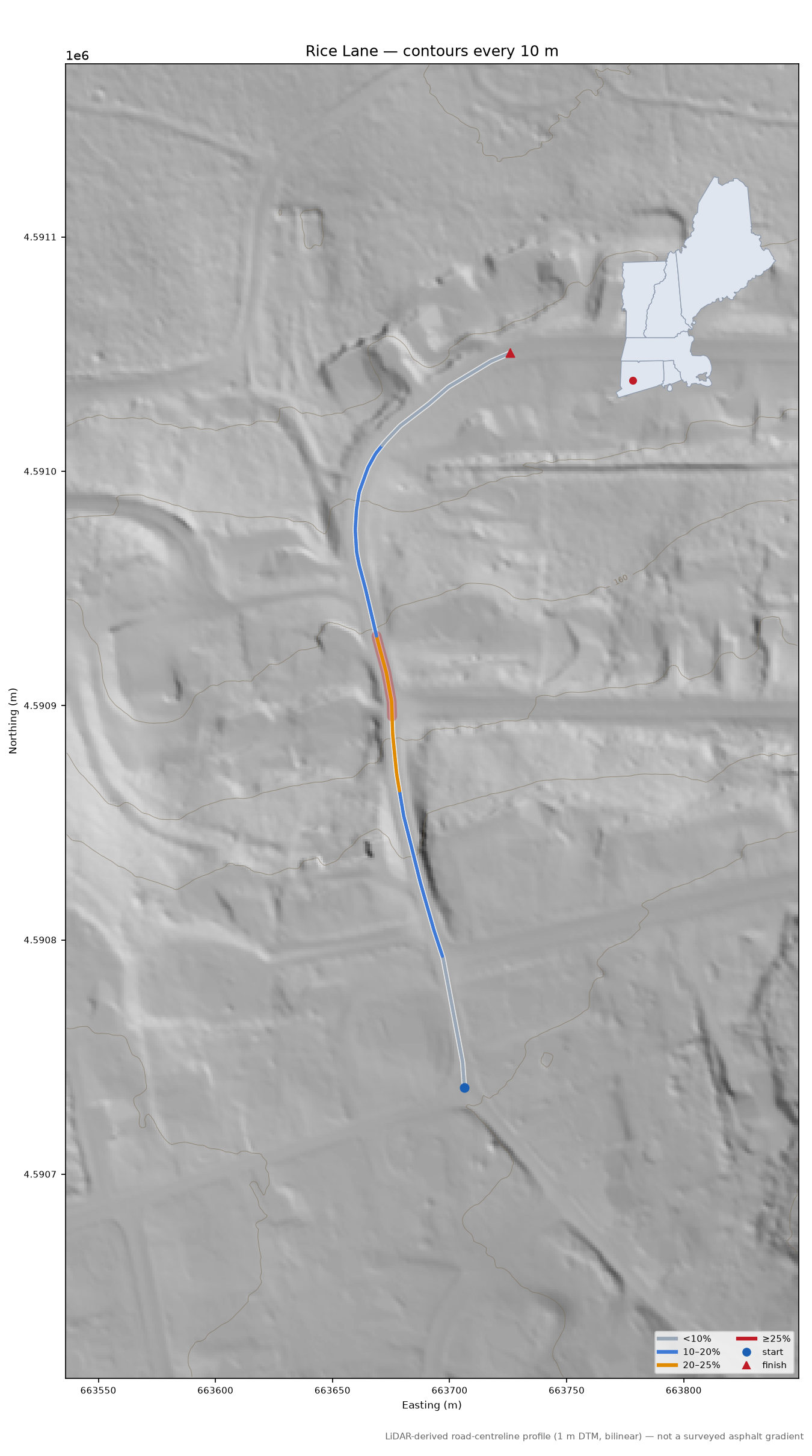Rice Lane LiDAR hillshade map with contours