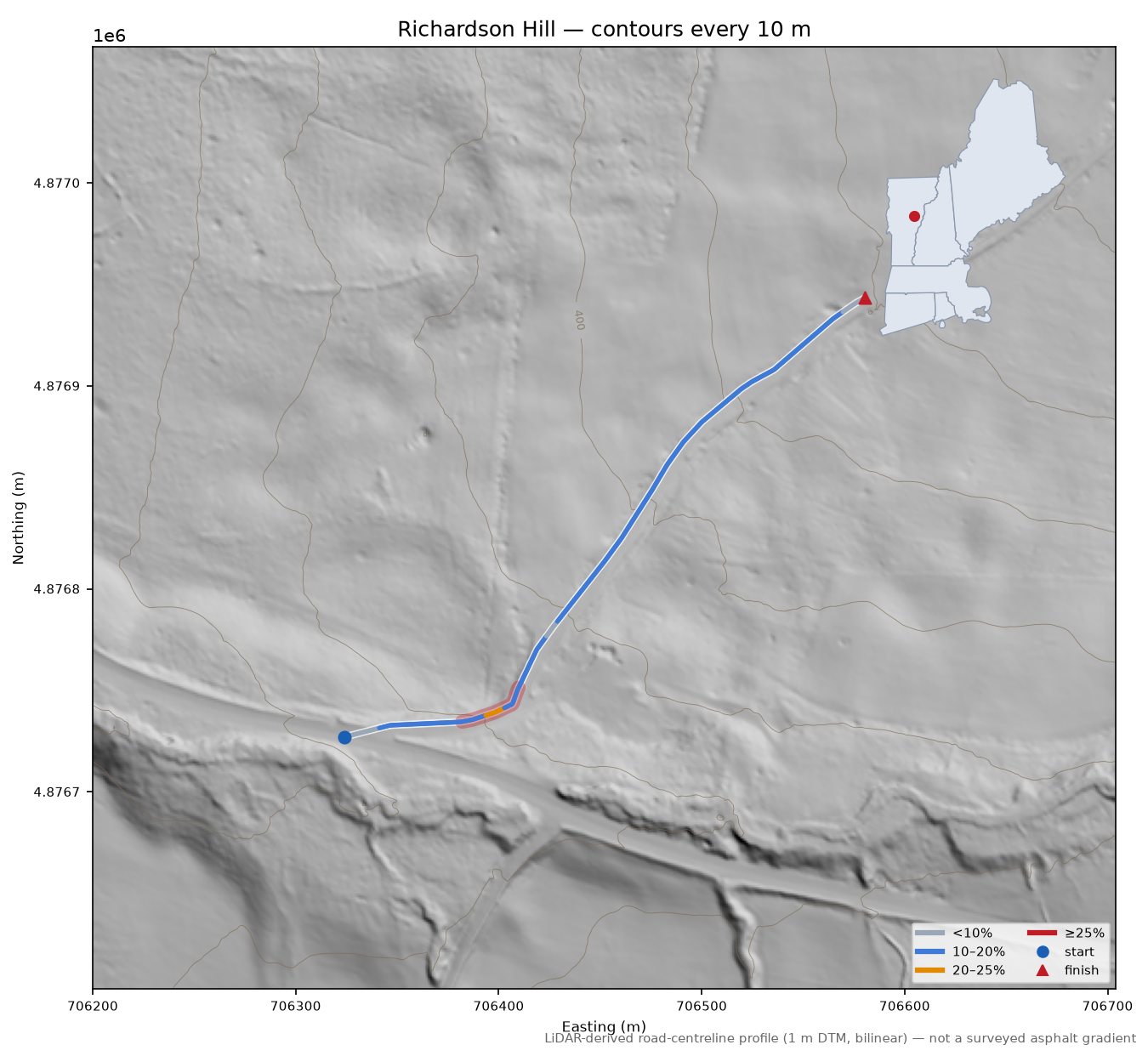 Richardson Hill LiDAR hillshade map with contours