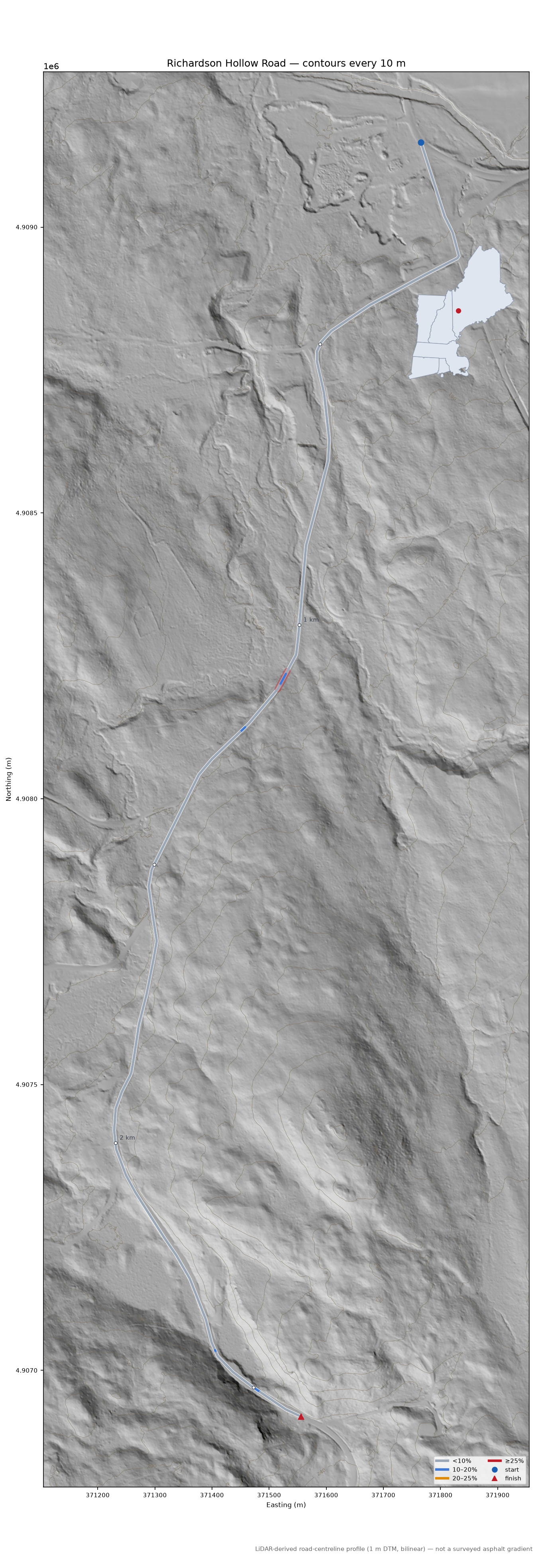 Richardson Hollow Road LiDAR hillshade map with contours