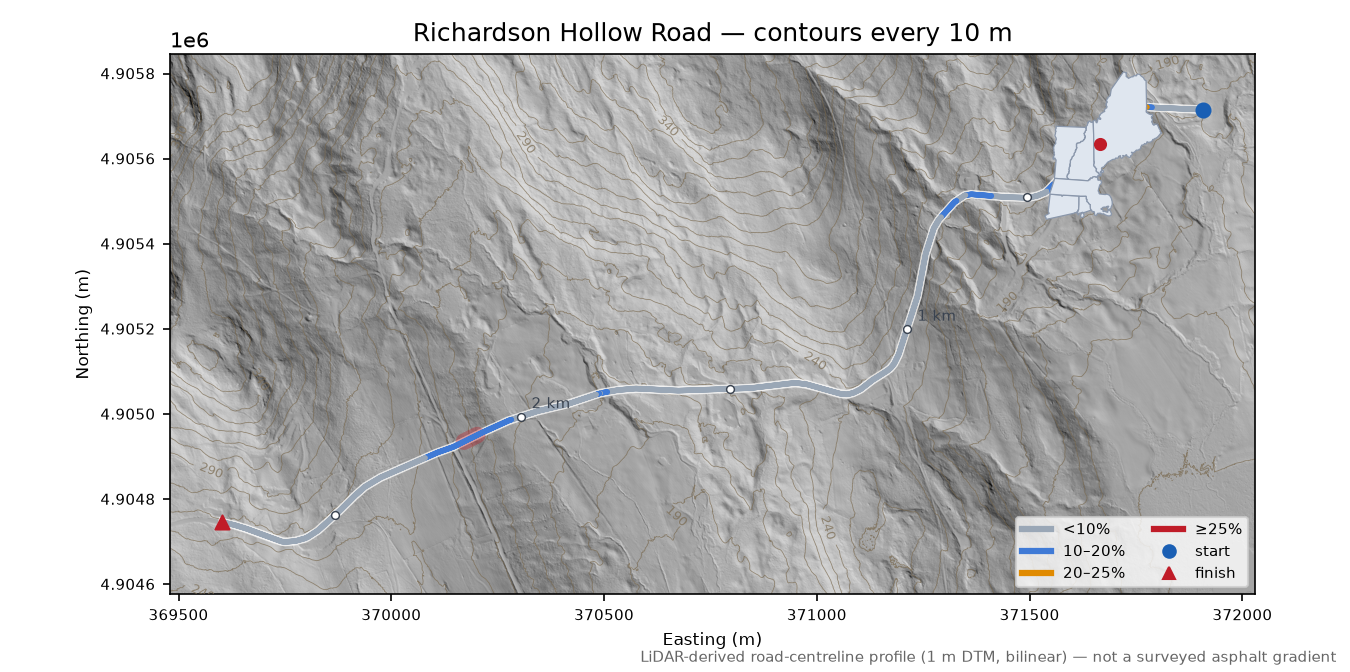 Richardson Hollow Road LiDAR hillshade map with contours
