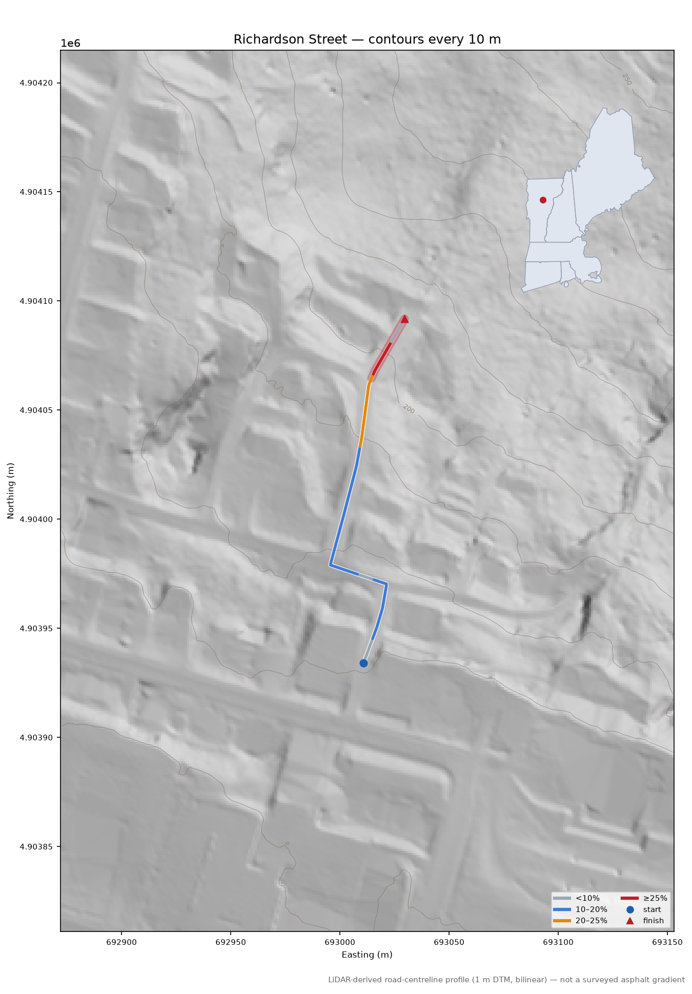 Richardson Street LiDAR hillshade map with contours