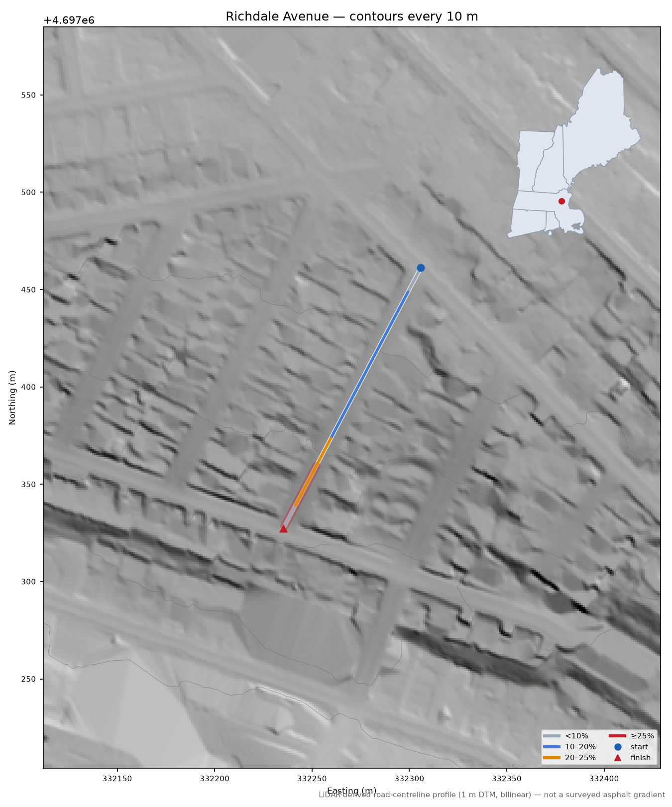 Richdale Avenue LiDAR hillshade map with contours