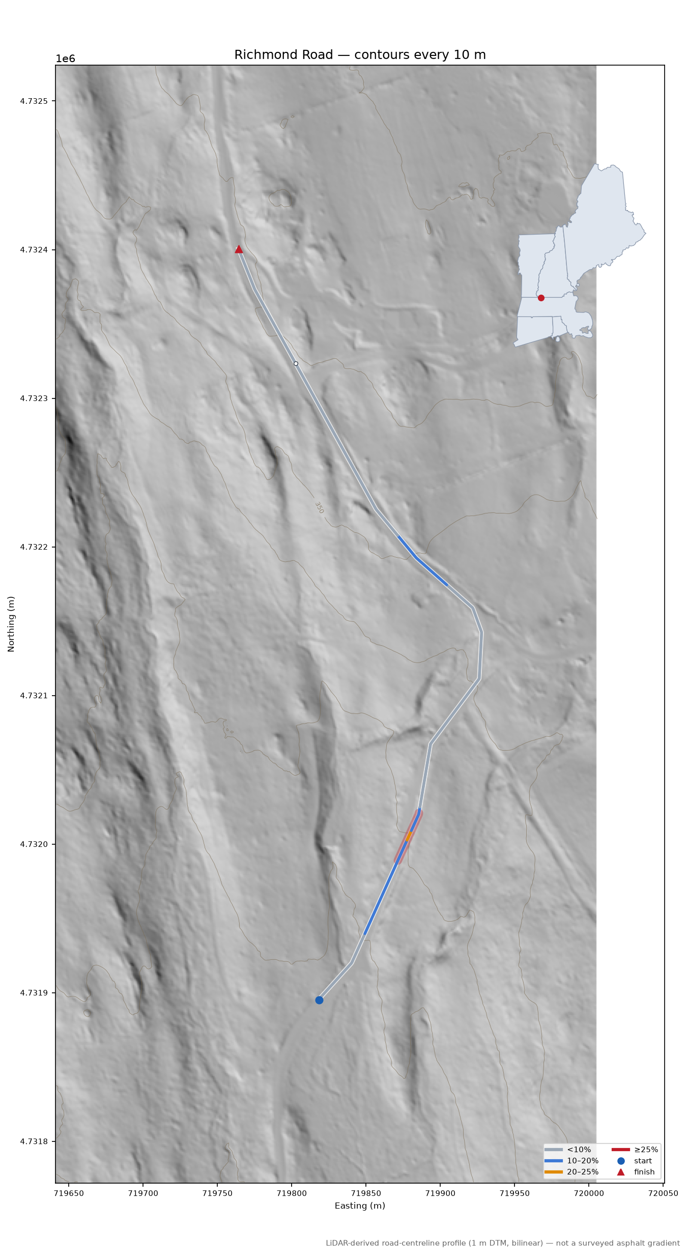 Richmond Road LiDAR hillshade map with contours