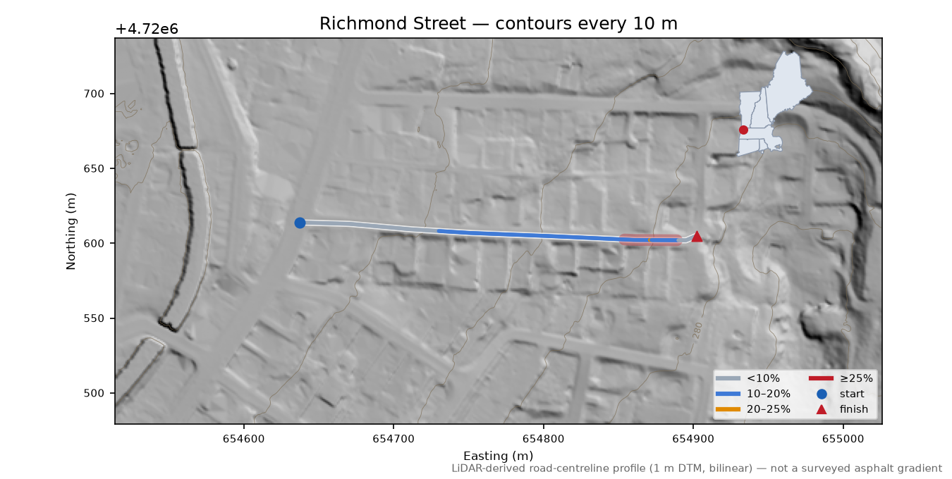 Richmond Street LiDAR hillshade map with contours