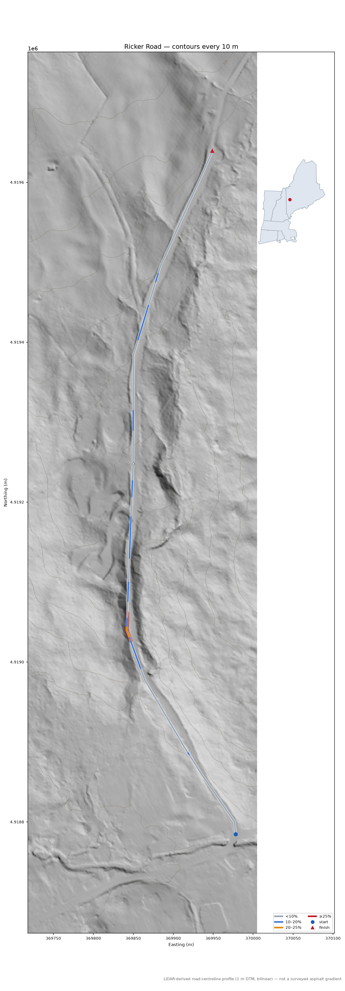 Ricker Road LiDAR hillshade map with contours