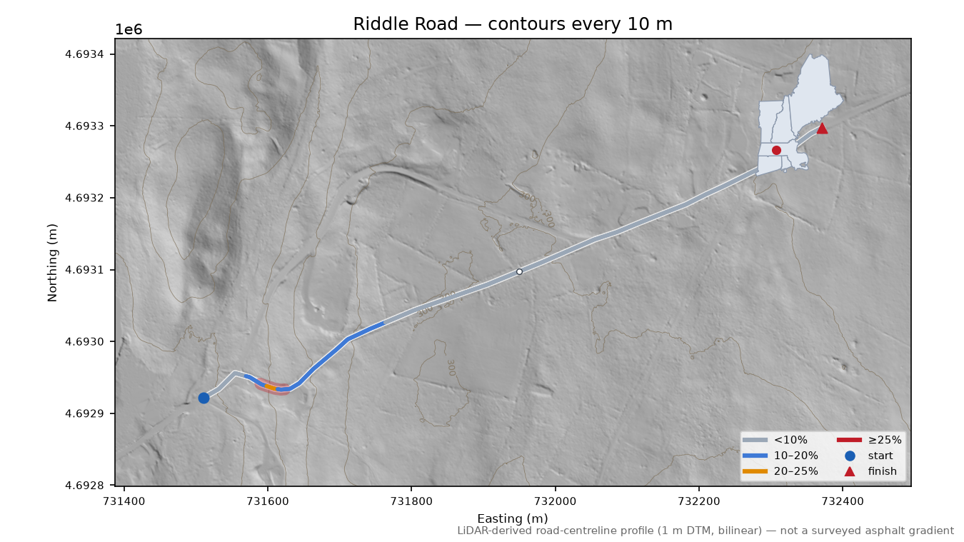 Riddle Road LiDAR hillshade map with contours