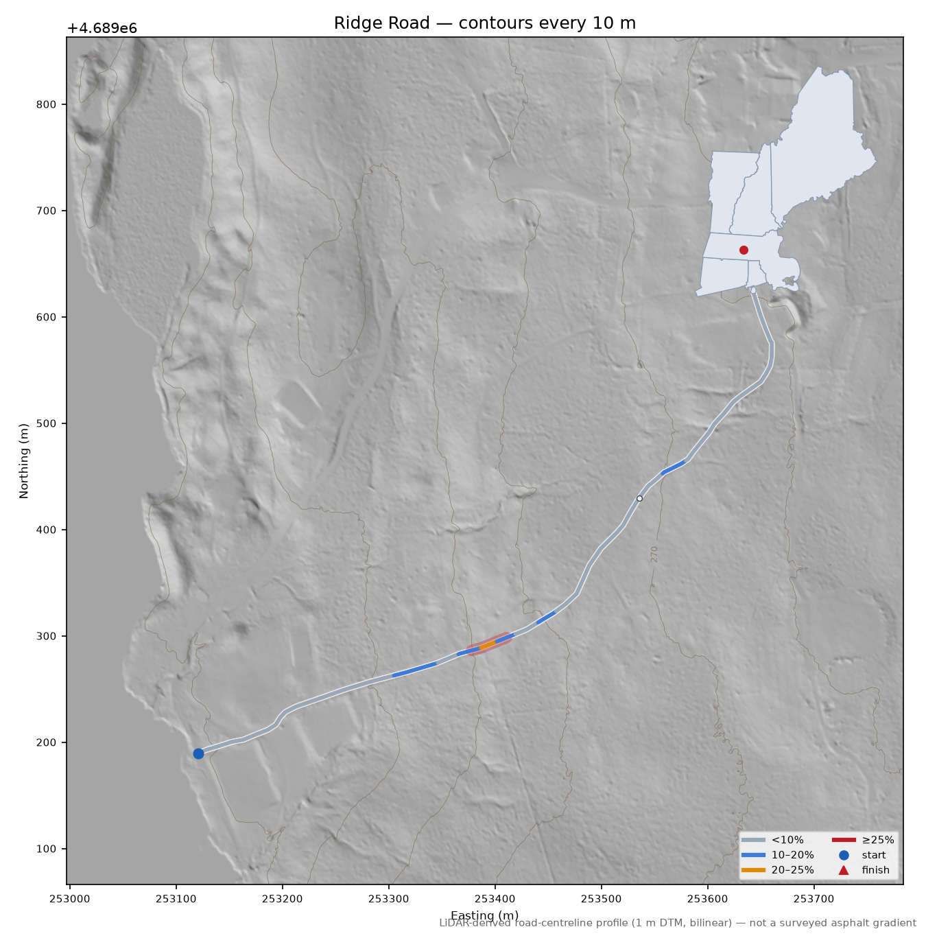 Ridge Road LiDAR hillshade map with contours