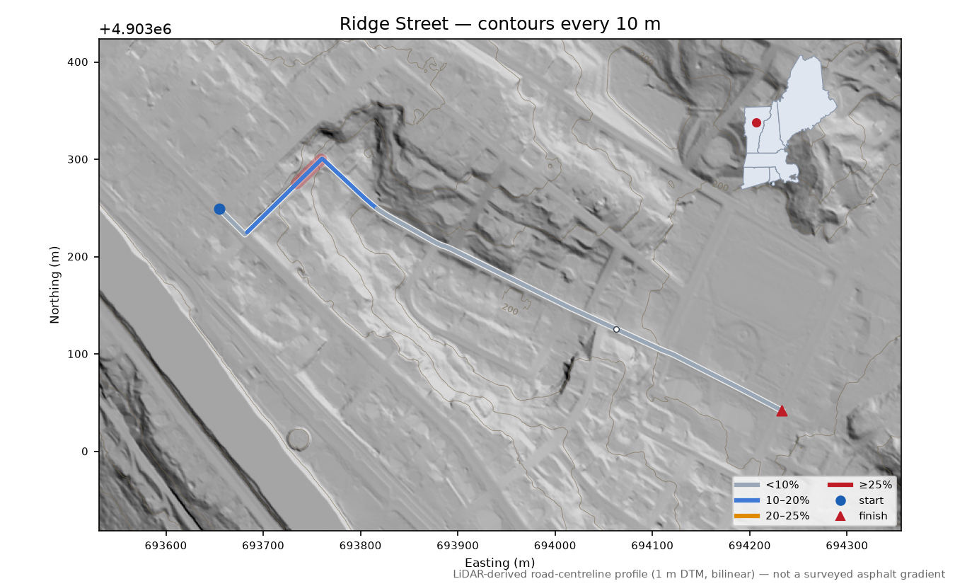 Ridge Street LiDAR hillshade map with contours