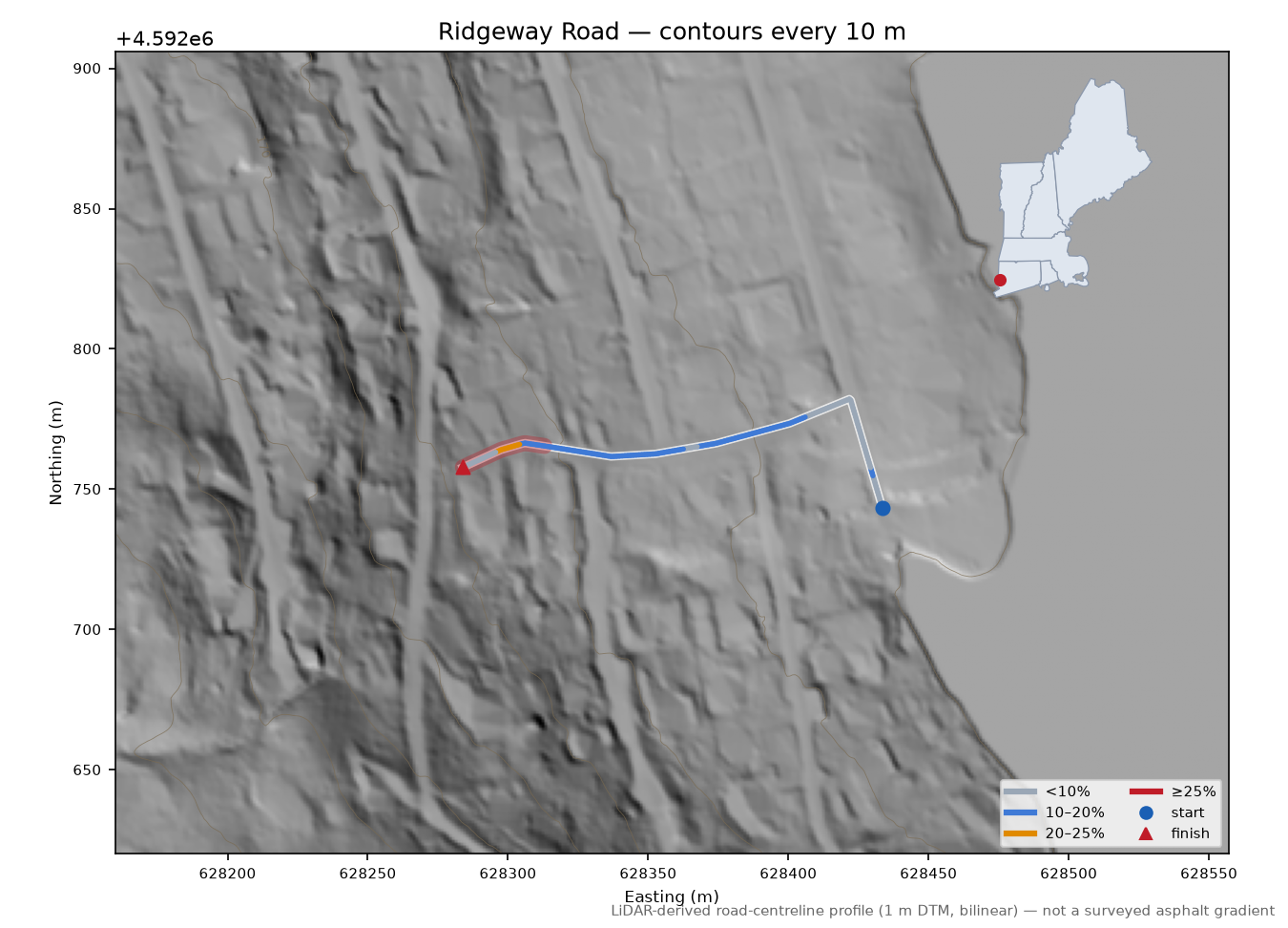 Ridgeway Road LiDAR hillshade map with contours