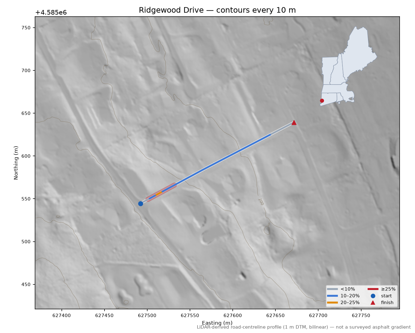 Ridgewood Drive LiDAR hillshade map with contours