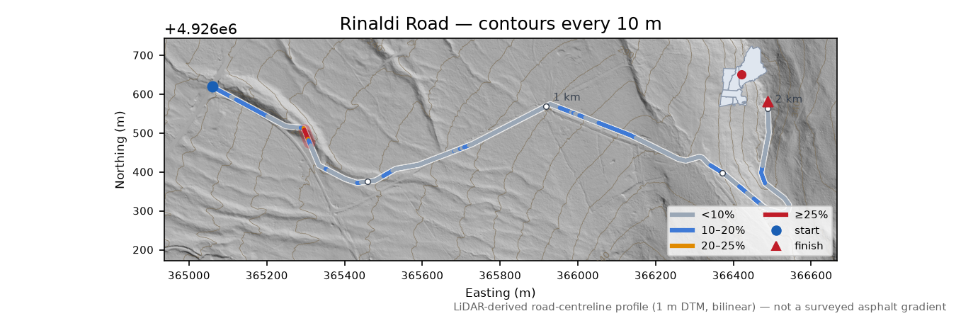 Rinaldi Road LiDAR hillshade map with contours