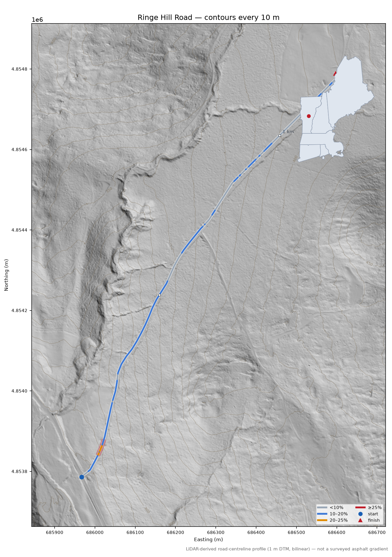 Ringe Hill Road LiDAR hillshade map with contours