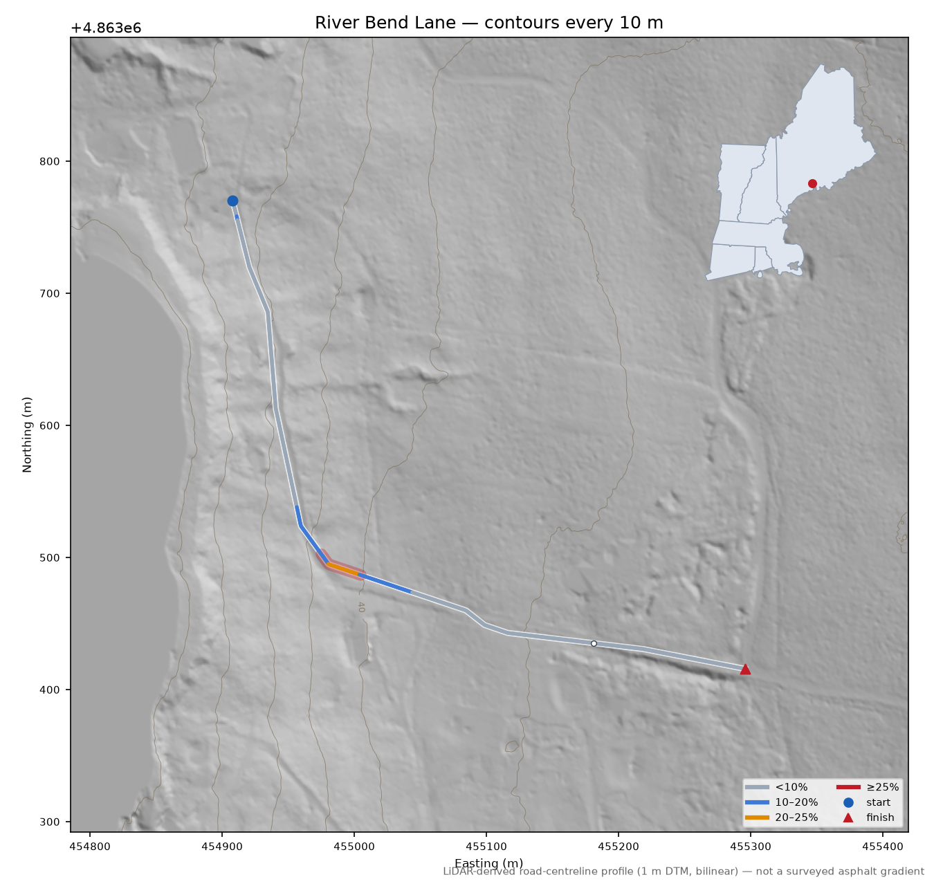 River Bend Lane LiDAR hillshade map with contours