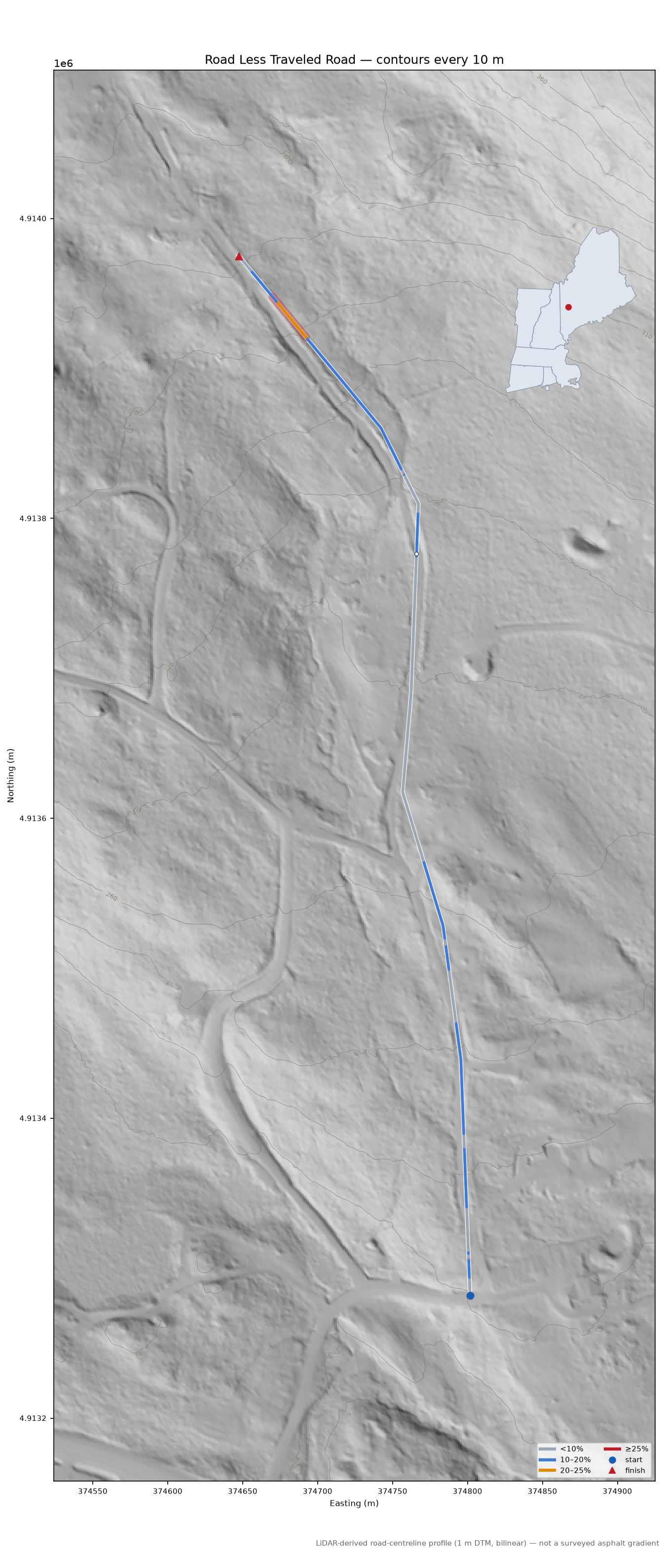 Road Less Traveled Road LiDAR hillshade map with contours