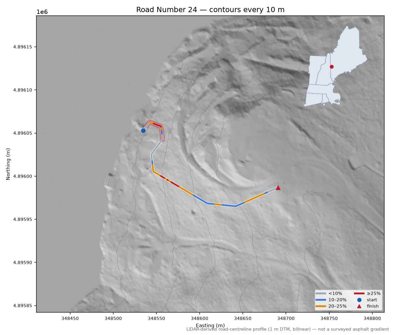 Road Number 24 LiDAR hillshade map with contours