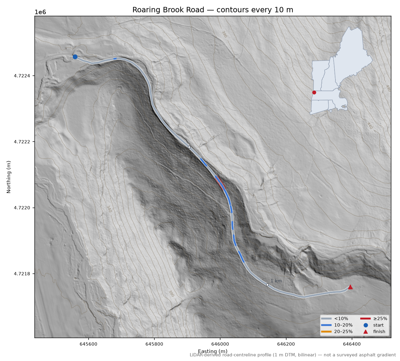 Roaring Brook Road LiDAR hillshade map with contours
