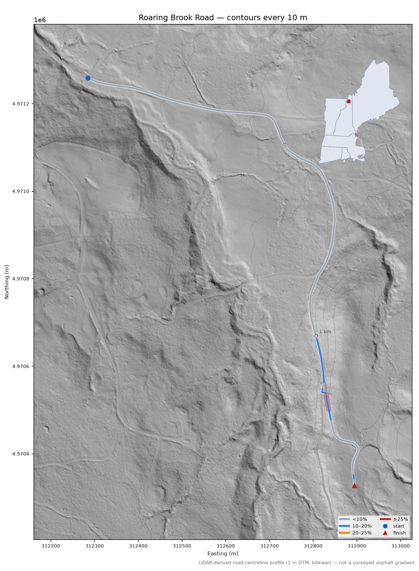 Roaring Brook Road LiDAR hillshade map with contours