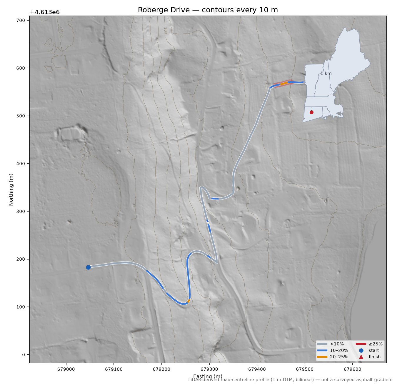 Roberge Drive LiDAR hillshade map with contours