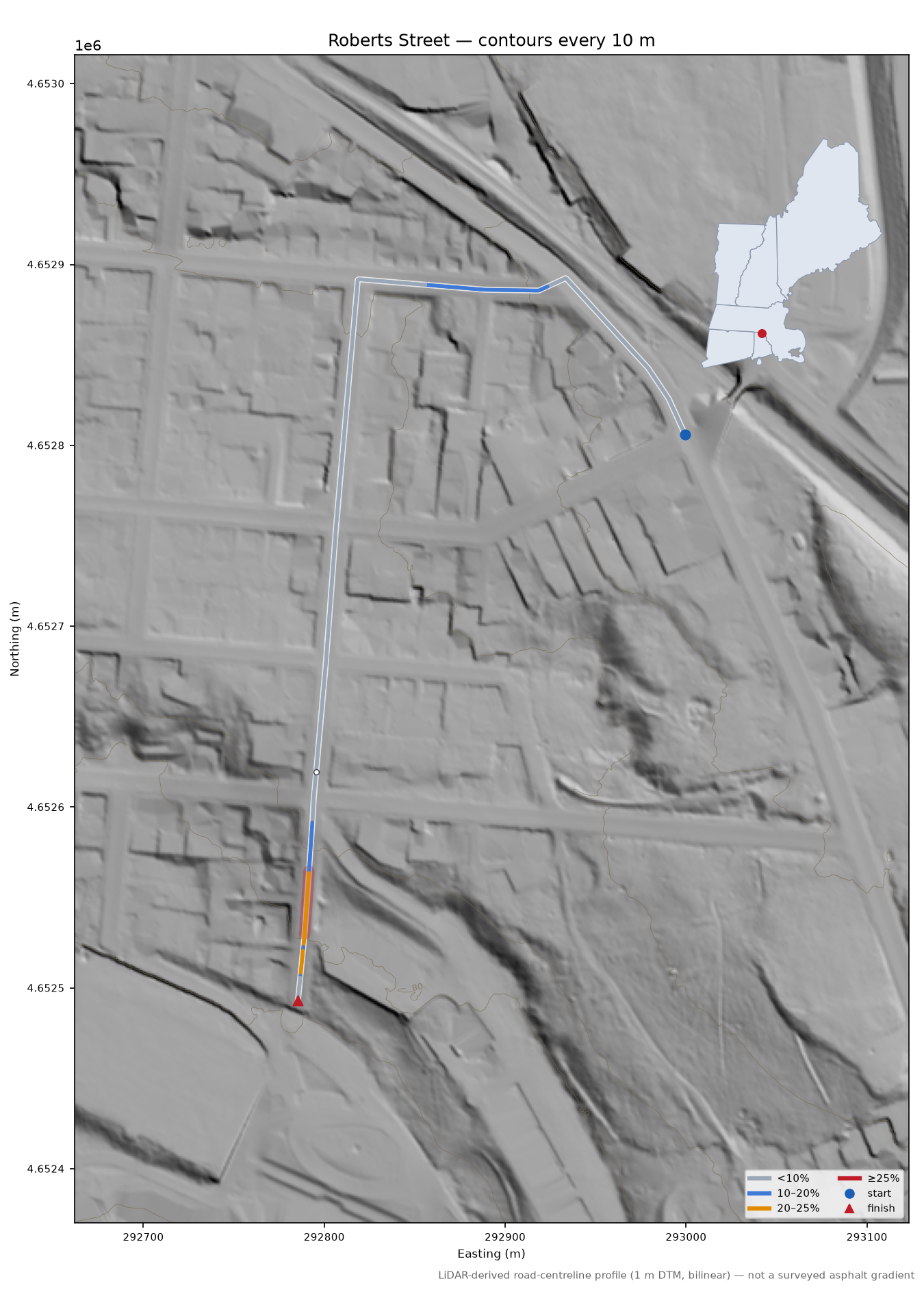 Roberts Street LiDAR hillshade map with contours