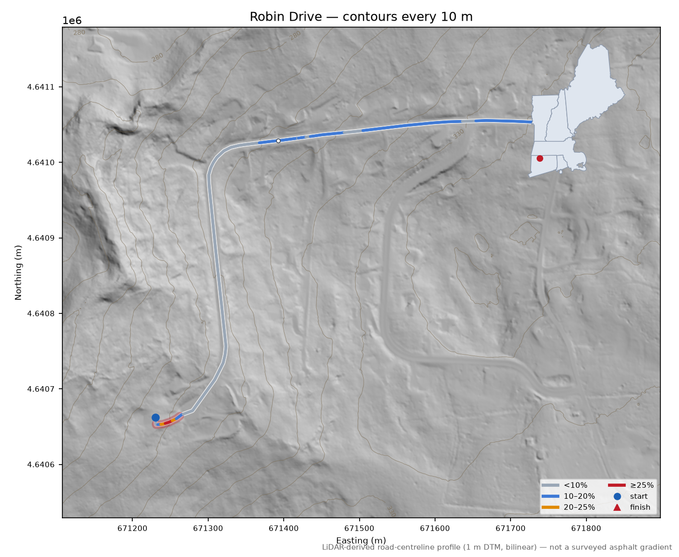 Robin Drive LiDAR hillshade map with contours