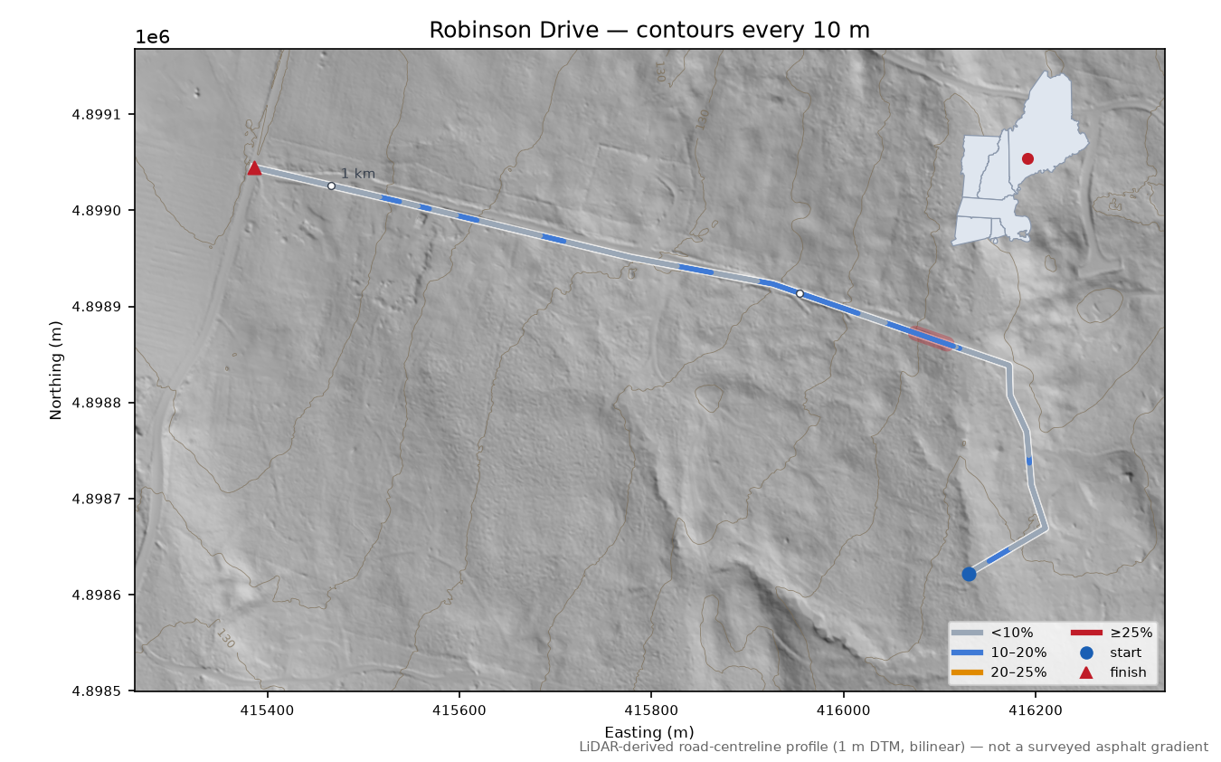 Robinson Drive LiDAR hillshade map with contours