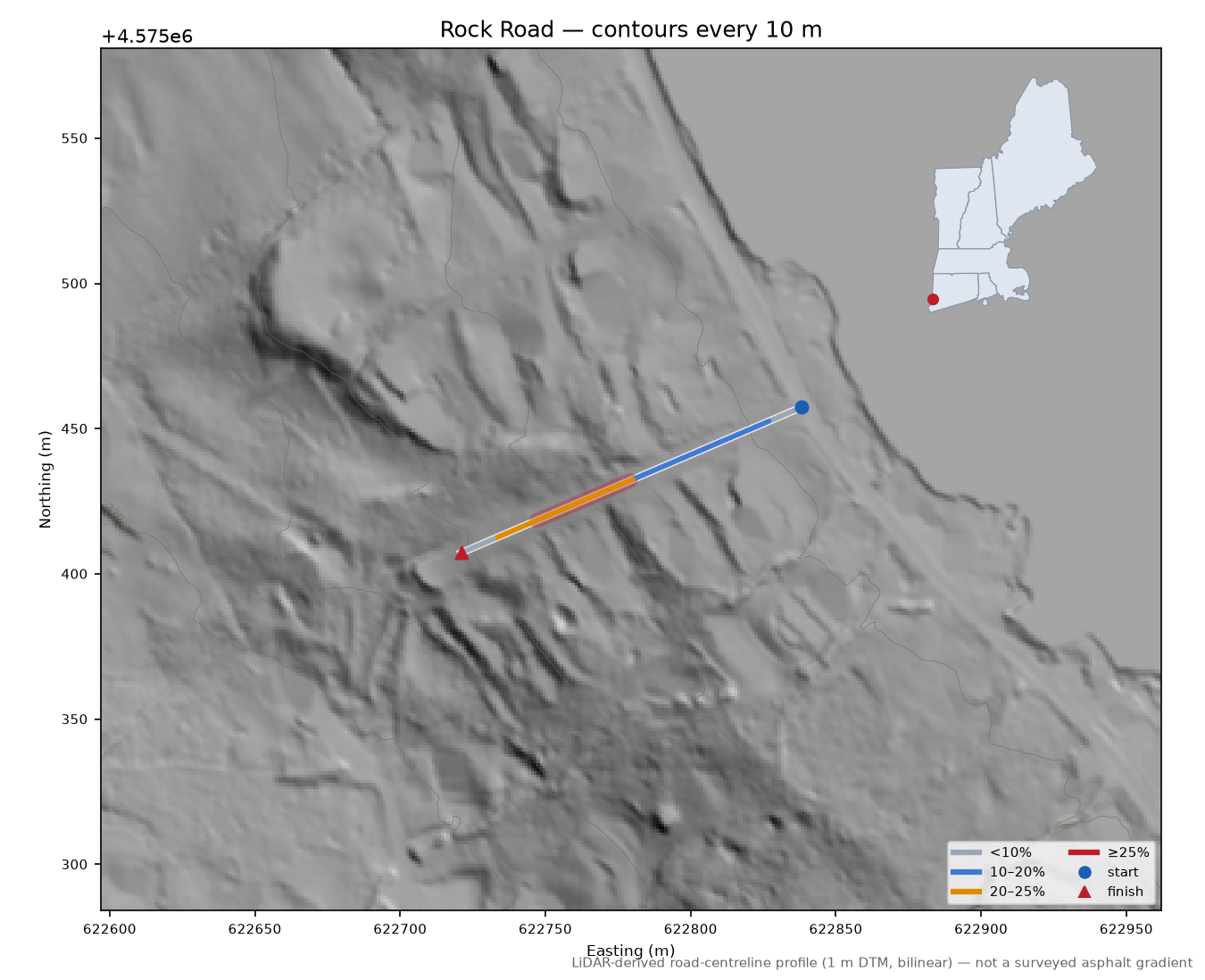 Rock Road LiDAR hillshade map with contours