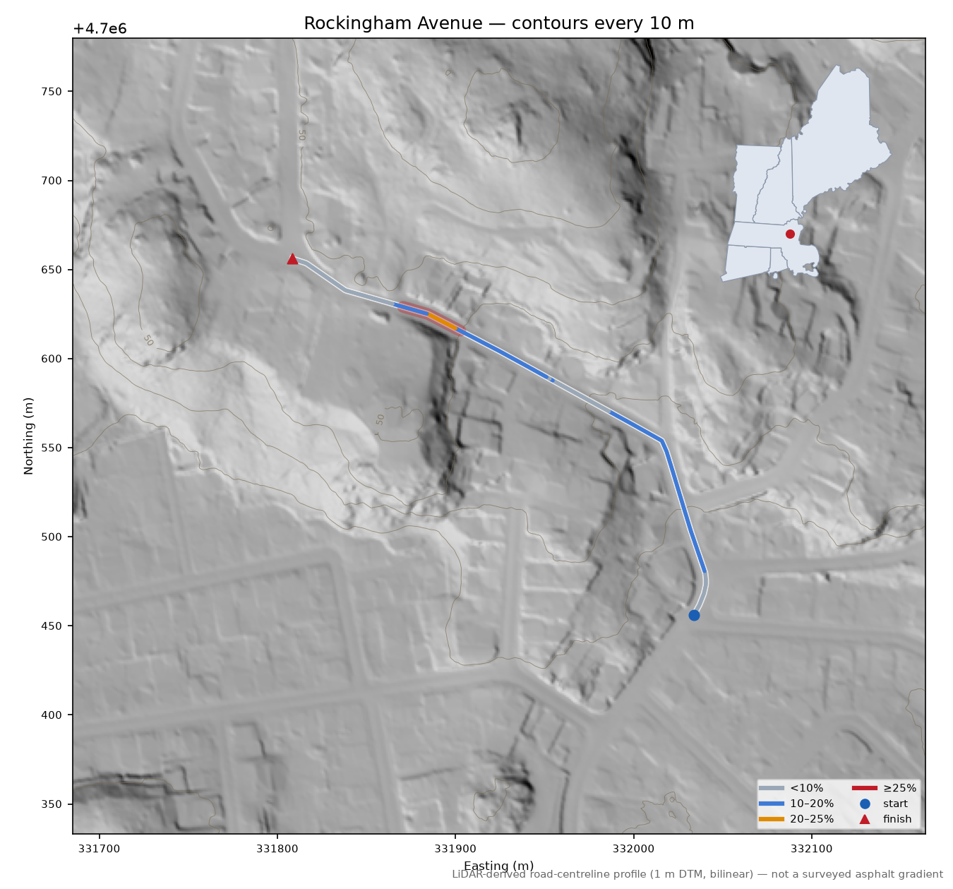 Rockingham Avenue LiDAR hillshade map with contours